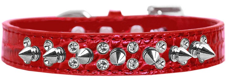 Double Crystal and Spike Croc Dog Collar Red Size 14